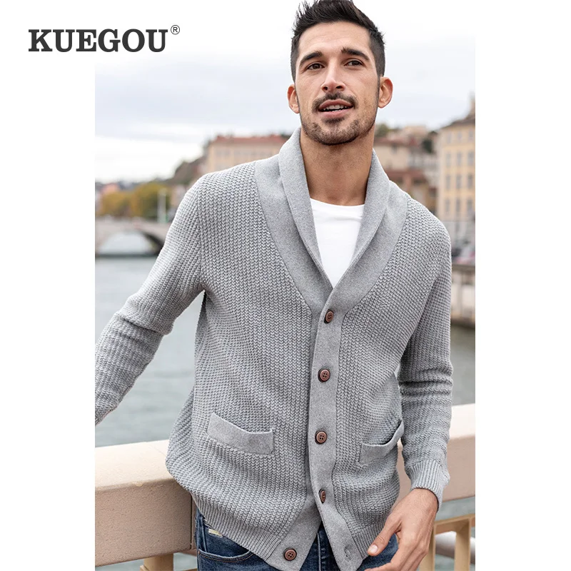 KUEGOU 2022 Spring 100% Cotton Plain Gray Sweater Men Cardigan Casual Jumper For Male Brand Knitted Korean Style Clothes 8942