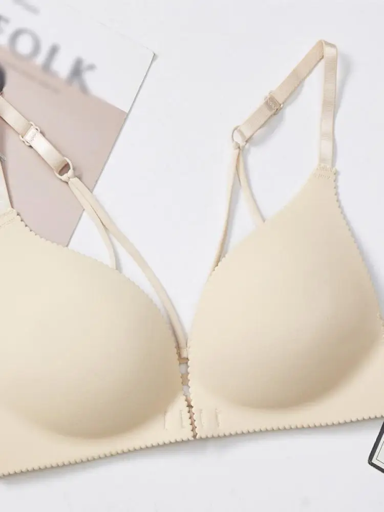 

Ladies Front Button Style Beautiful Back Triangle Cup Bra Simple Seamless Gathering Sexy Spaghetti Strap Cross Underwear