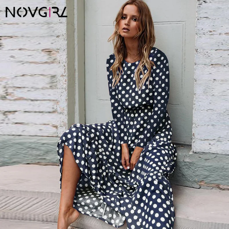 Женское длинное платье в горошек Novgirl богемное Пляжное Платье макси с длинными