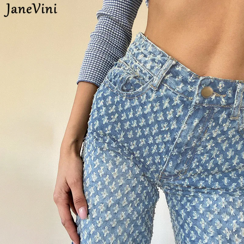 JaneVini женские штаны голубые джинсы сезон осень высокая талия длинные в уличном