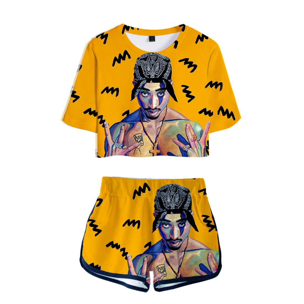 2pac Dew navel t shirt Two Pieces sets Women Fashion Clothes Famous singer 3D Print Piece Set+Short Pants Sports suit |