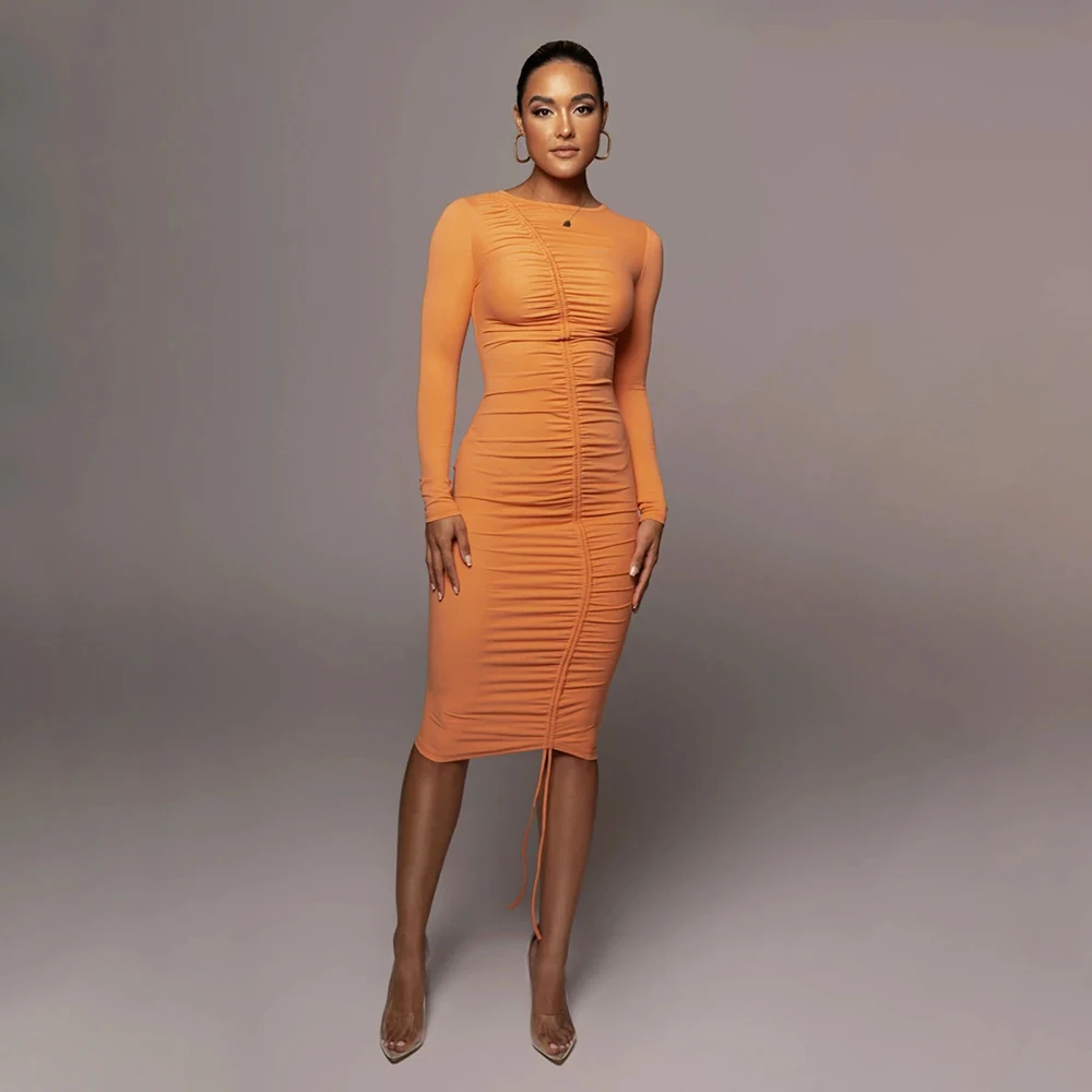 

2021 Knee Dress Winter New Women's Stitched Fluorescent Lace Up Drawstring Tight Midskirt Irregular Folds Thin Appearance Dresse