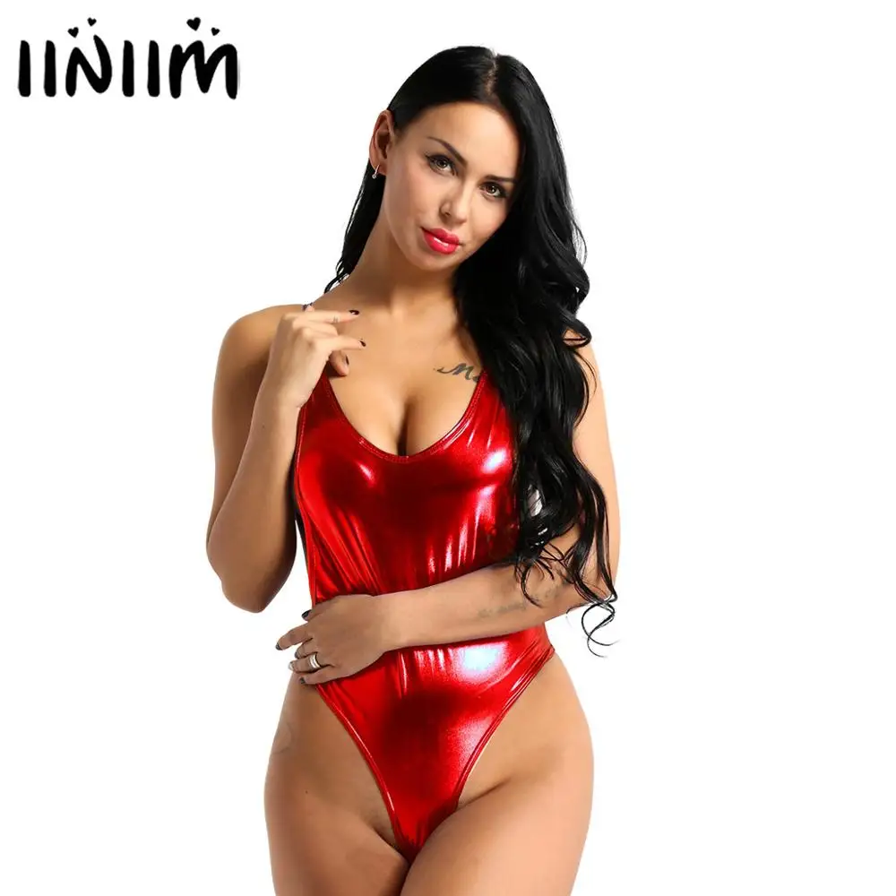

Women Femme Erotic Lingerie Catsuit Bodycon Shiny Metallic Skinny body latex Bodystocking Leather Sexy High Cut Leotard Bodysuit