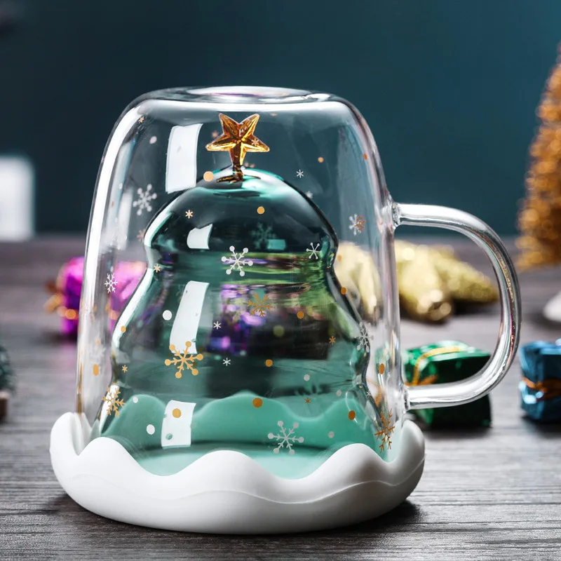 

Двухслойная стеклянная Рождественская елка, стеклянные кружки, стеклянная кружка с двойными стенками, кофейная чашка, рождественский пода...