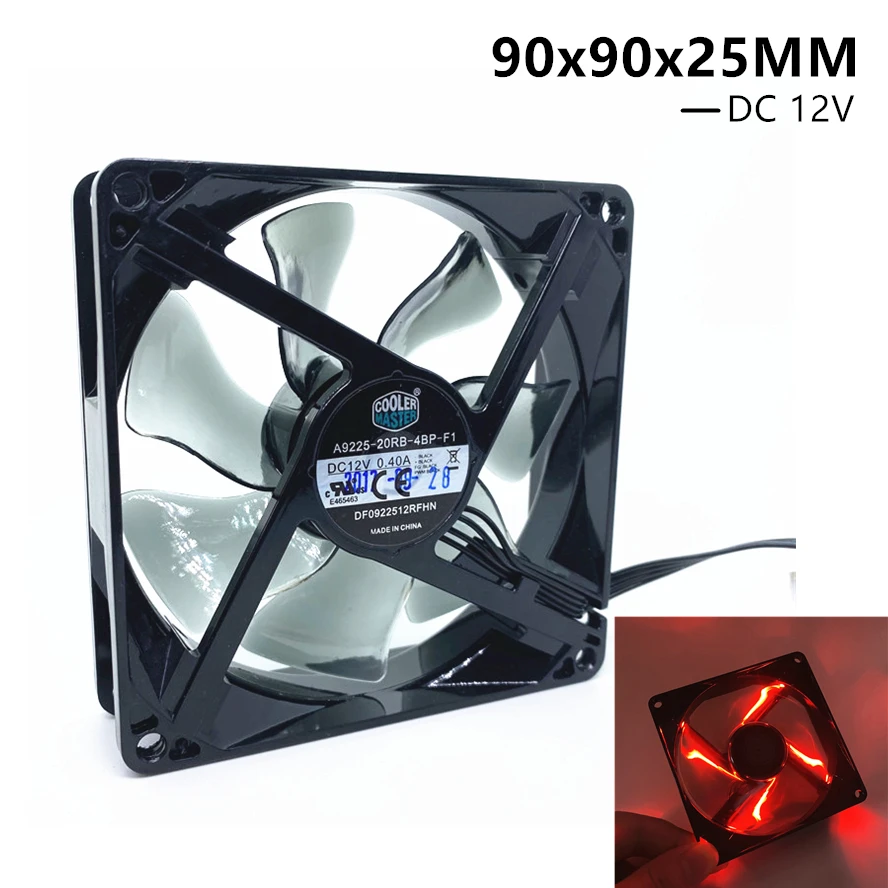 

2pcs a lot Cooler Master DC12V 0.40A 9025 92MM 90MM 90*90*25mm 92*92*25mm Cooing fan For CPU Cooling fan A9225-20RB with Red Led