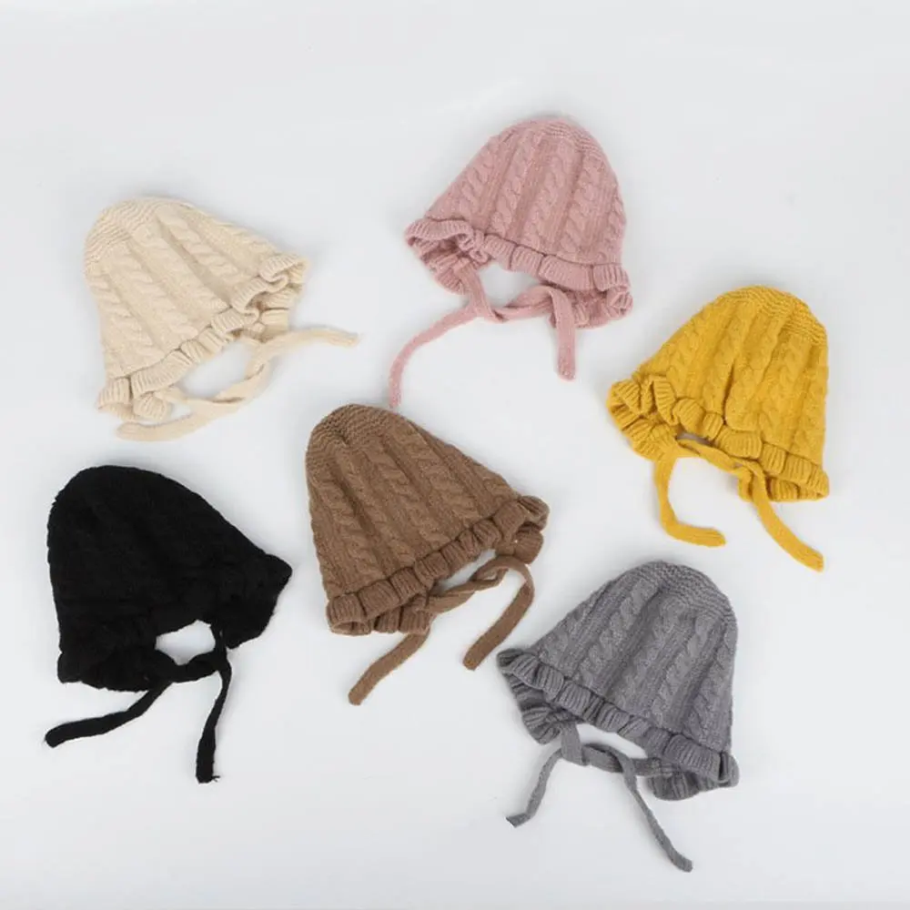 

1 Pcs Solid Color Baby Knitted Hat Lace-up Open Twist Conical Hat Windproof Warm Elastic Kids Bonnet Clothes Accessories Winter