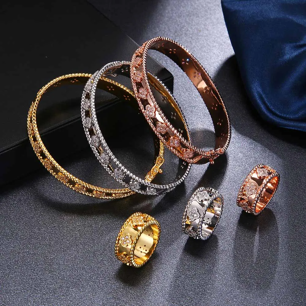 

High Quality 3A Zircon Bangle&Rings 2Pcs Sets for Women Flower shape bracelets&Ring set Fashion Jewelry
