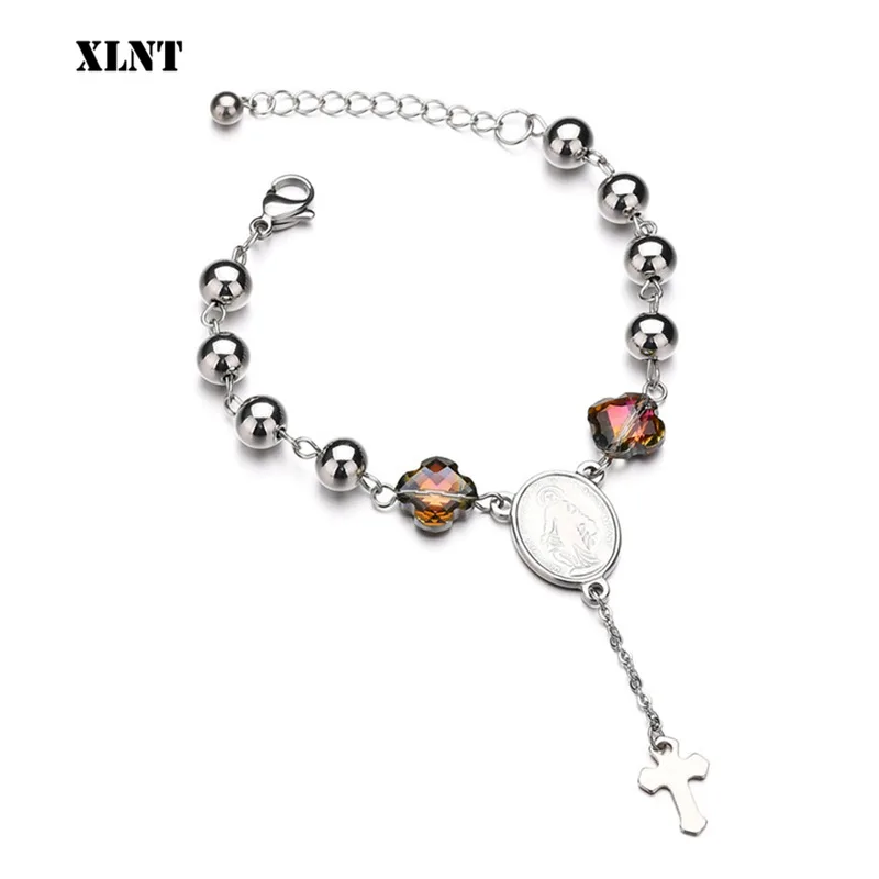 XLNT Женская цепочка Девы Мэри Крест Шарм четки браслет из нержавеющей стали шарик