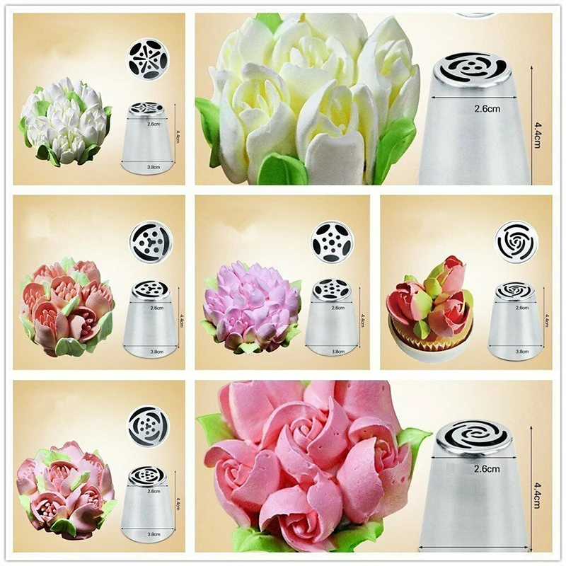 

7Pcs Stainless Steel Flower Russian Icing Piping Nozzles Pastry Tips Cake Decorating Baking Tool Icing Nozzles+ Leaf Icing Tips