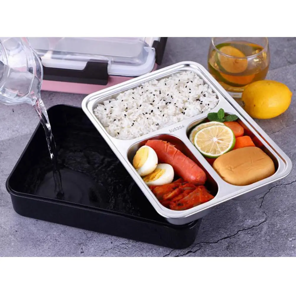 Bento Box Lunchbox 3 Compartments Anti-scald Stainless Steel Rectangular Lunch with Spoon Chopsticks for Student Office Lady | Дом и сад