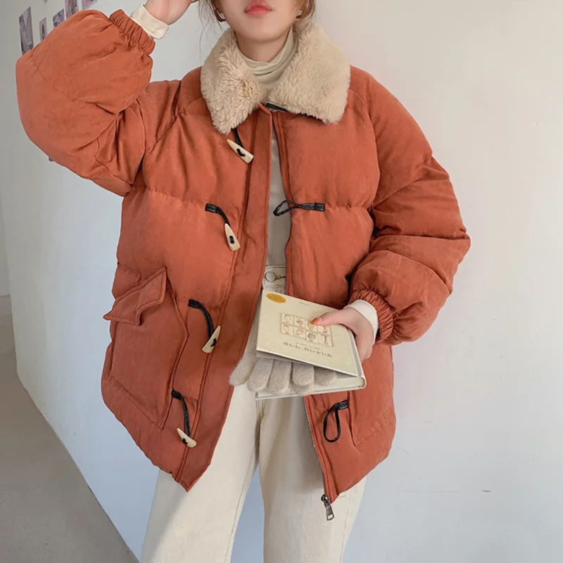 

Winter Fur Collar Jacket Women Vintage Horn Button Cotton Coats Ladies Casual Soft Thick Warm Orange Outwear Female Clothes