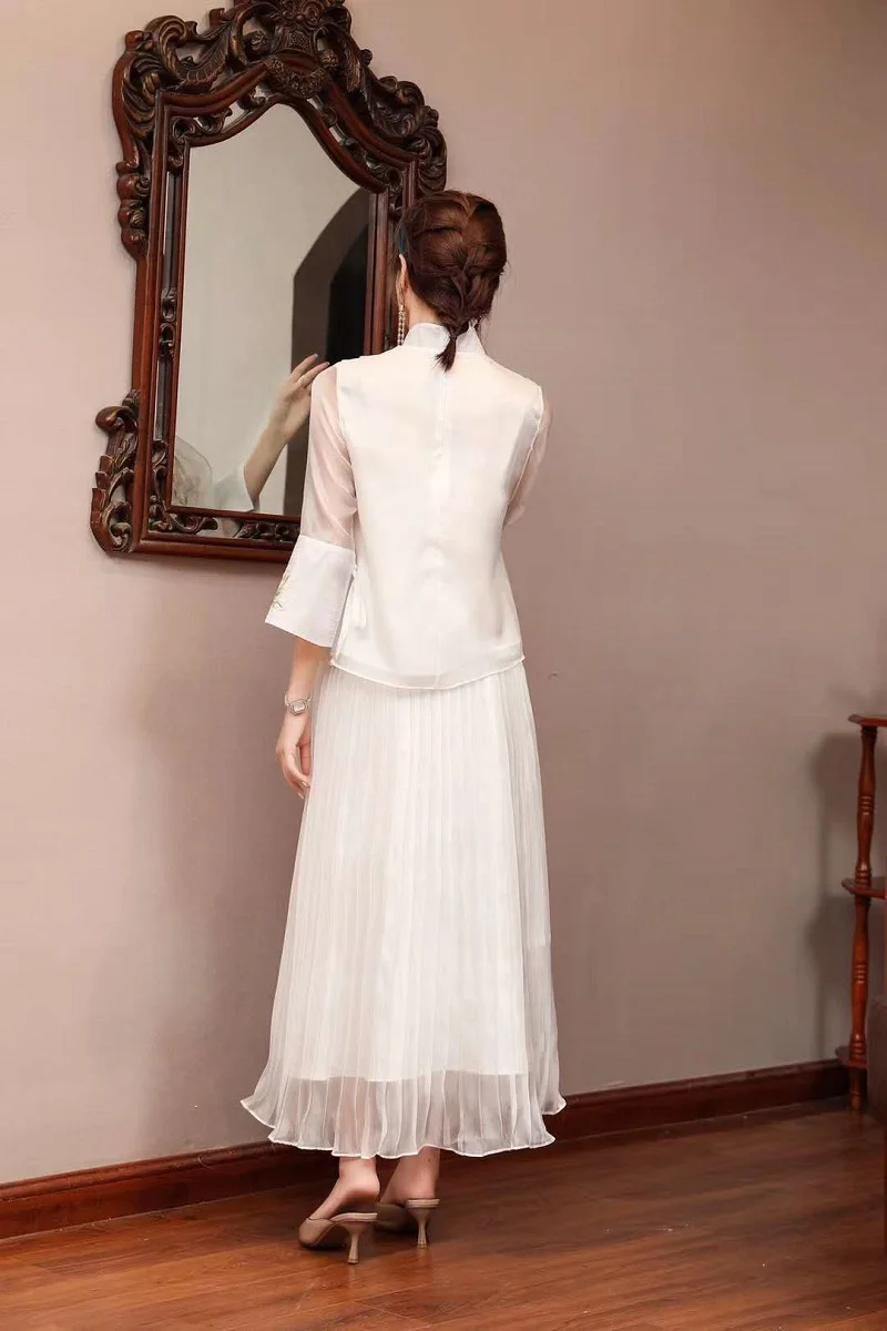 Женский костюм с вышивкой винтажный топ + плиссированная синяя юбка длиной до