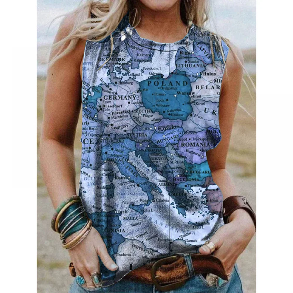 

2021 Summer Oversized T Shirts Women Loose World Map Tops Plus Size Sleeveless Y2K 2000s Aesthetic Tees Harajuku Fairy Grunge