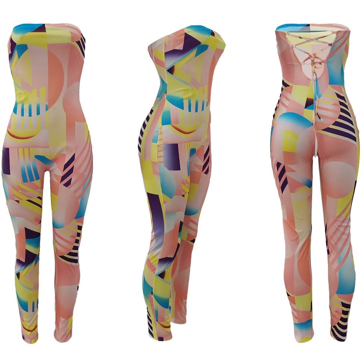 

Fashion Women Geometry Pattern Printing Strapless Jumpsuits Summer Sleeveless Lace up Skinny Stretchy Rompers Party Streetwear