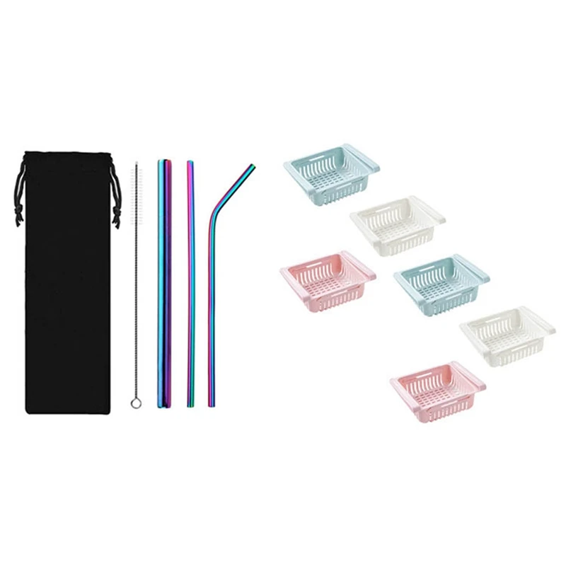 

1set Rainbow Color 304 Stainless Steel Metal Straw & 6Pcs Fridge Storage Box,Fridge Shelf Holder Storage Box