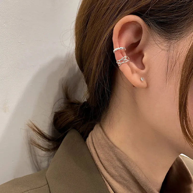 

925 Sterling Silver Woman Earring Irregular Geometric Clip Ear Clip Female Multilayers Without Pierced Jewelry Women Earrings