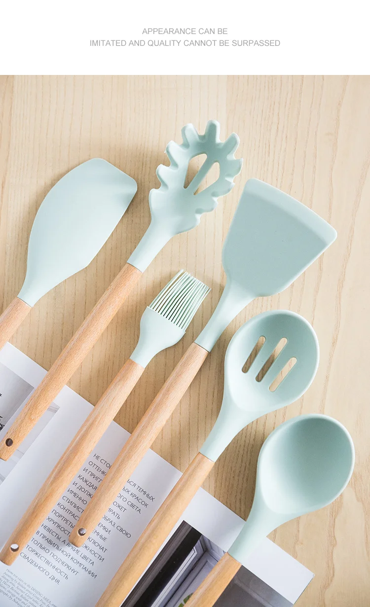 

Silicone Cooking Utensils Set Non-Stick Spatula Shovel Wooden Handle Cooking Tools Set With Storage Box Kitchen Tool Accessories