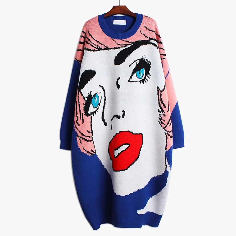 

Fashion Oversized Knitting Long Dress Mujer 2021 Autumn Winter New Tide Print O-Neck Bright Color Female Loose Streetwear Ins