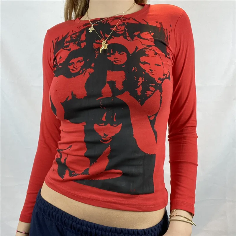 

Portrait Graphic Print T-shirt Grunge Fairy Gothic E-girl 90s Y2K Women Long Sleeve Crop Top Harajuku Hip Hop Streetwear Tops