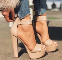 woman sexy nude patent leather square heel sandals peep toe cut out ankle strap chunky heels dress wedding bride shoes