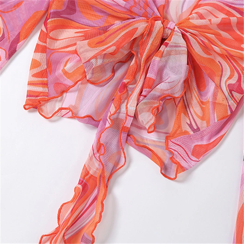 

2021 Mesh Summer Beach Women Y2K Tie Dye Skirt Set Sexy See Through Shirt Tops And Skinny High Waisted Mini Skirt Two Piece Set