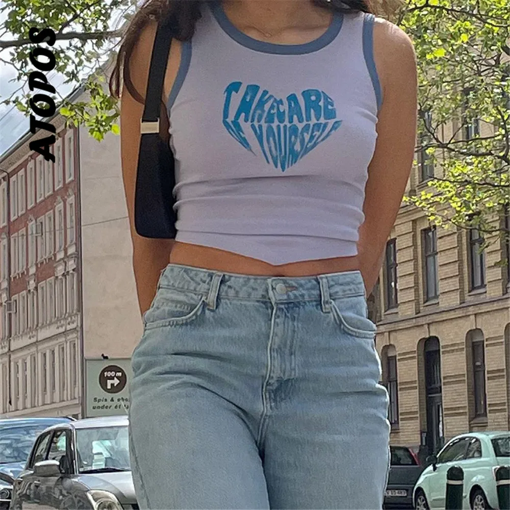 

Atopos Y2K Streetwear Lace-Up Backless Vest Tops Fashion Vintage O Neck Letter Print Sleeveless Women Crop Top Cute Summer Tank