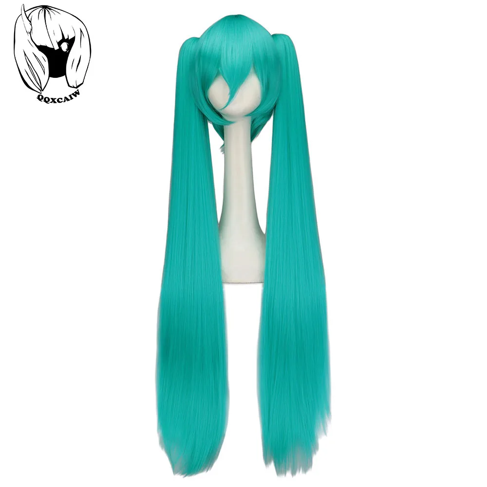 QQXCAIW Cosplay Wig Long Synthetic Hair Green Heat Resistant Party Wigs with 2 Clip On Double Ponytail
