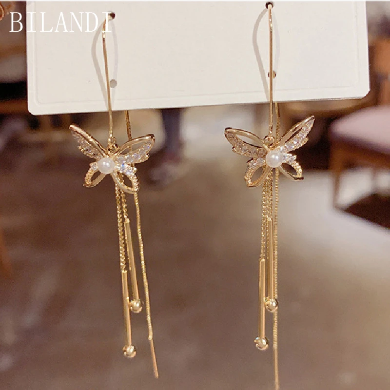 

Bilandi S925 needle Sweet Jewelry Butterfly Earrings Popular Design Sweet Temperament Crystal Tassel Earrings For Women Gifts