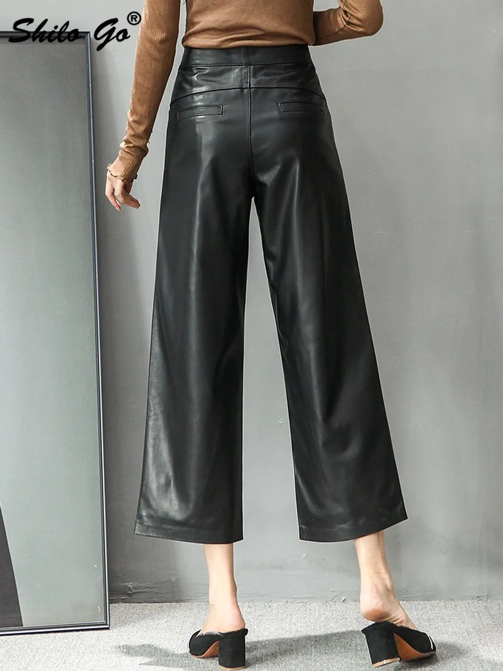 

Minimalist Wide Leg Pants Womens Winter High Waist Solid Black Genuine Leather Pants Elegant Office Lady Wear Sheepskin Trousers