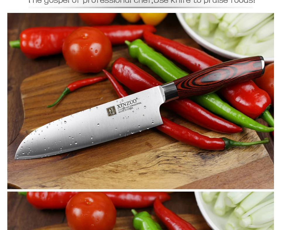 XINZUO 7 ''дюймовый нож Santoku немецкий 3 слоя 440C плакированный стальной нож из нержавеющей стали японский стиль шеф-повара с деревянной ручкой Pakka