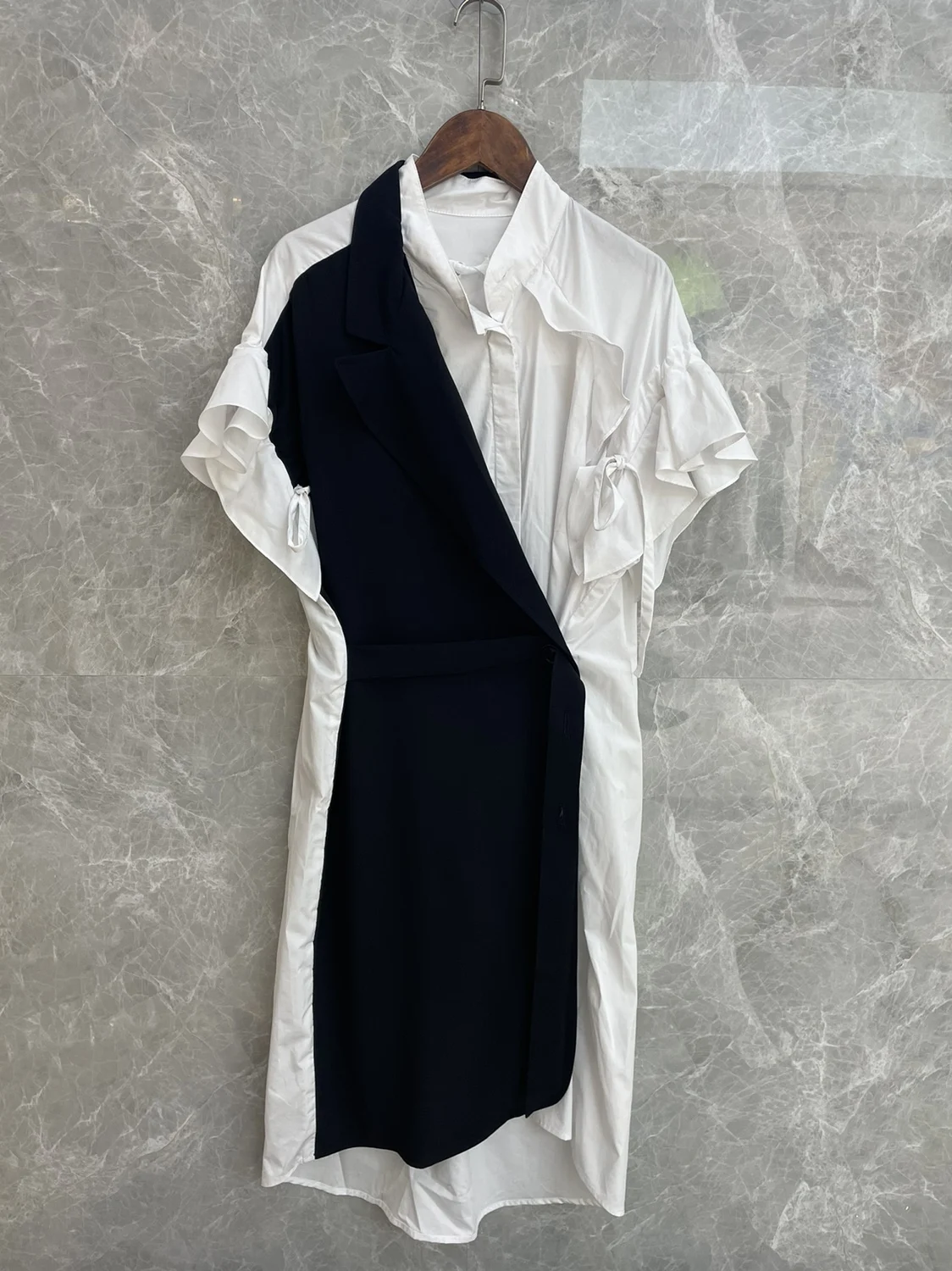 

Women Dress Ruffled Contrast Color Design Striped Classic Wrap Tie Suit Dress