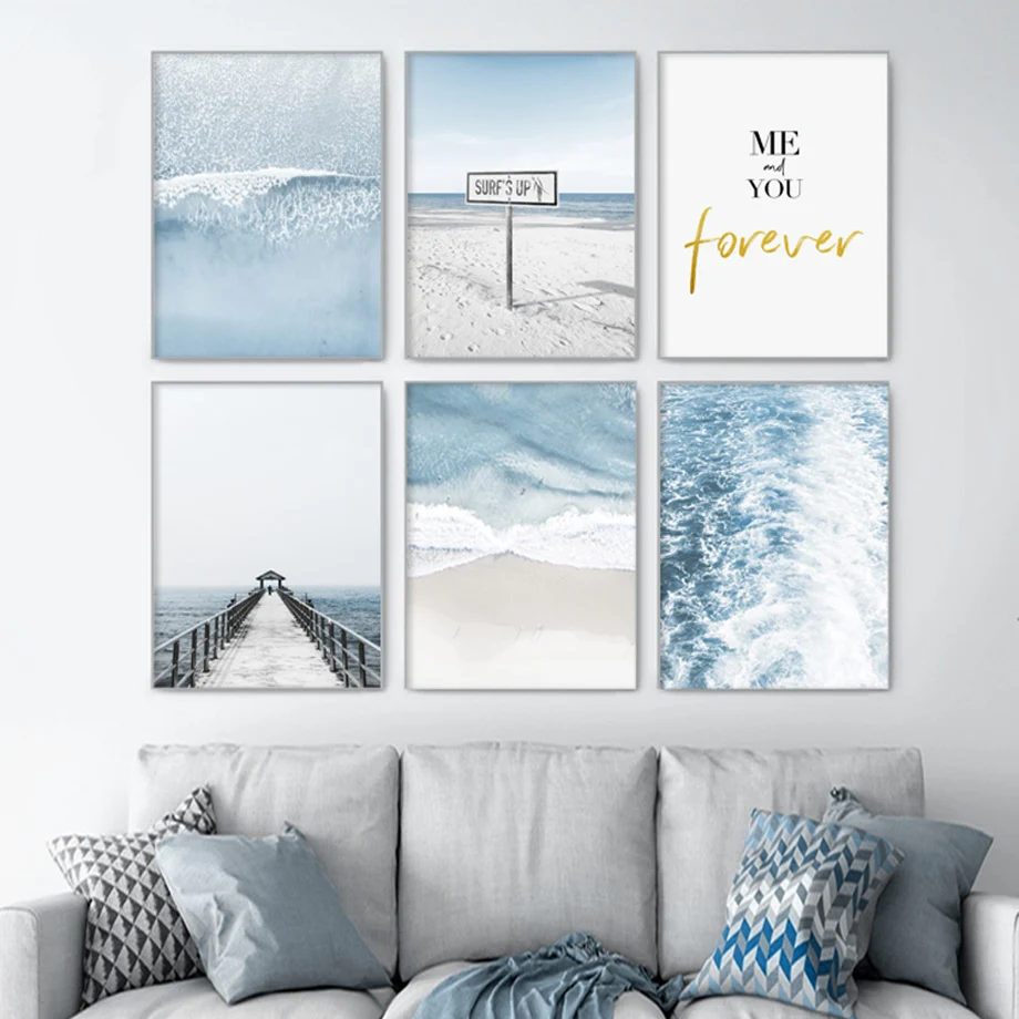 Wall Art Canvas Painting Nordic Blue Sea Beach Bridge Natural Seascape Posters And Prints Pictures For Living Room Decoration | Дом и сад