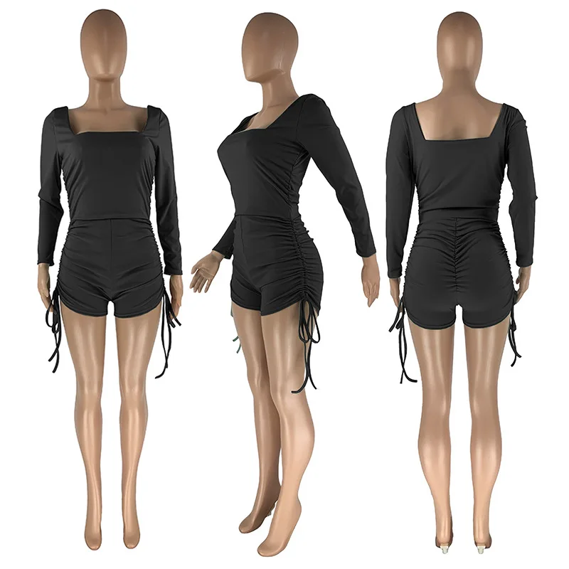 2021 New Women Sexy U Neck Long Sleeve Solid Pleated Body Mujer Bodysuit