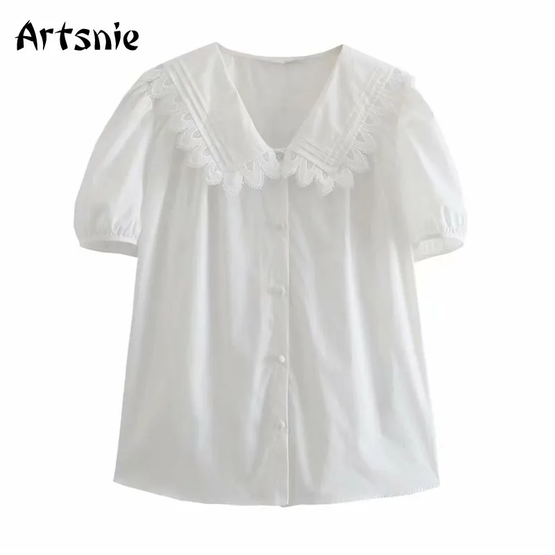

Artsnie Summer 2021 White Women Shirt Sailor Collar Short Sleeve Slim Tops Femme Single Breasted Lace Ladies Shirts Blouses