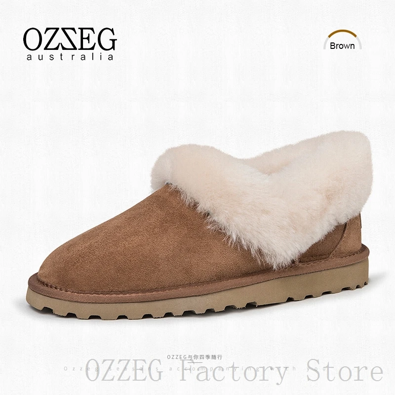 OZZEG; Роскошная брендовая дизайнерская обувь; женская зимняя обувь из натуральной замши на плоской подошве; лоферы с австралийским овечьим мехом; женская обувь; повседневная обувь - Цвет: Коричневый