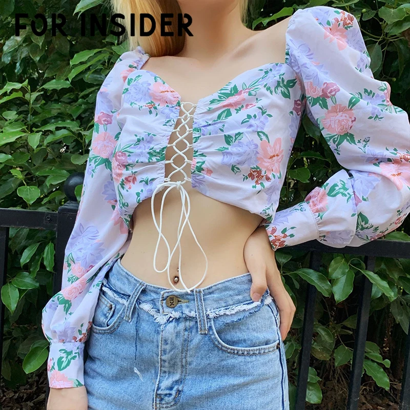 Для Insider цветочный принт на шнуровке обрезанная блузка рубашка для женщин с