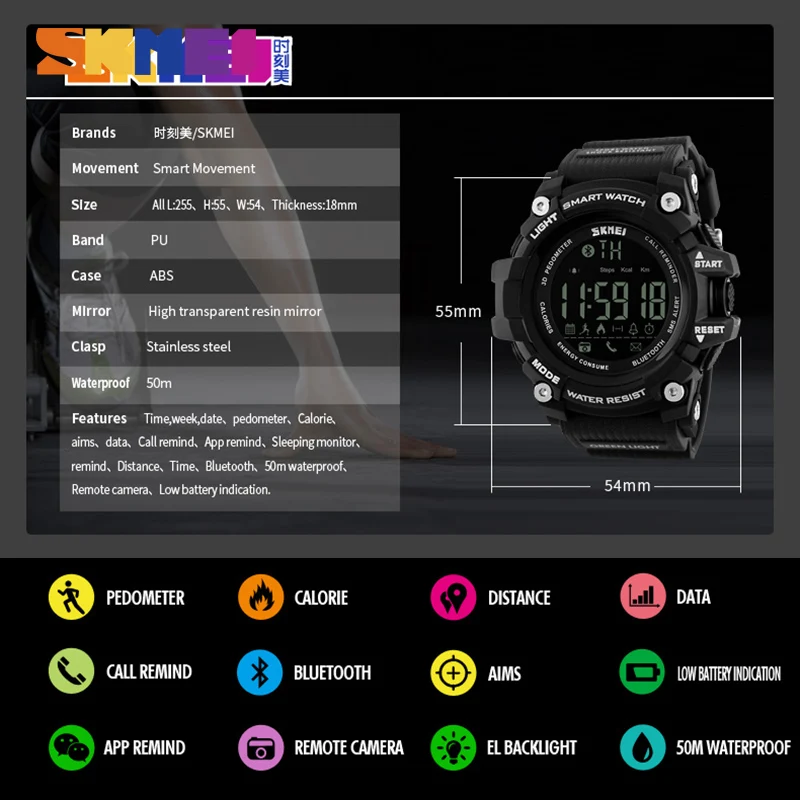 

SKMEI Bluetooth Smart Digital Watches Men Sport Waterproof Call Message Reminder Mens Watch EL Backlight Wristwatches Male Clock
