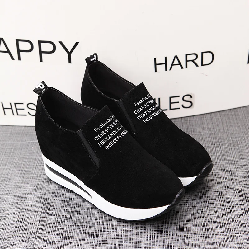 

New Flock Increasing Shoes High Heels Lady Casual black Women Sneakers Leisure Platform Shoes Slip-On Breathable Height Sneakers