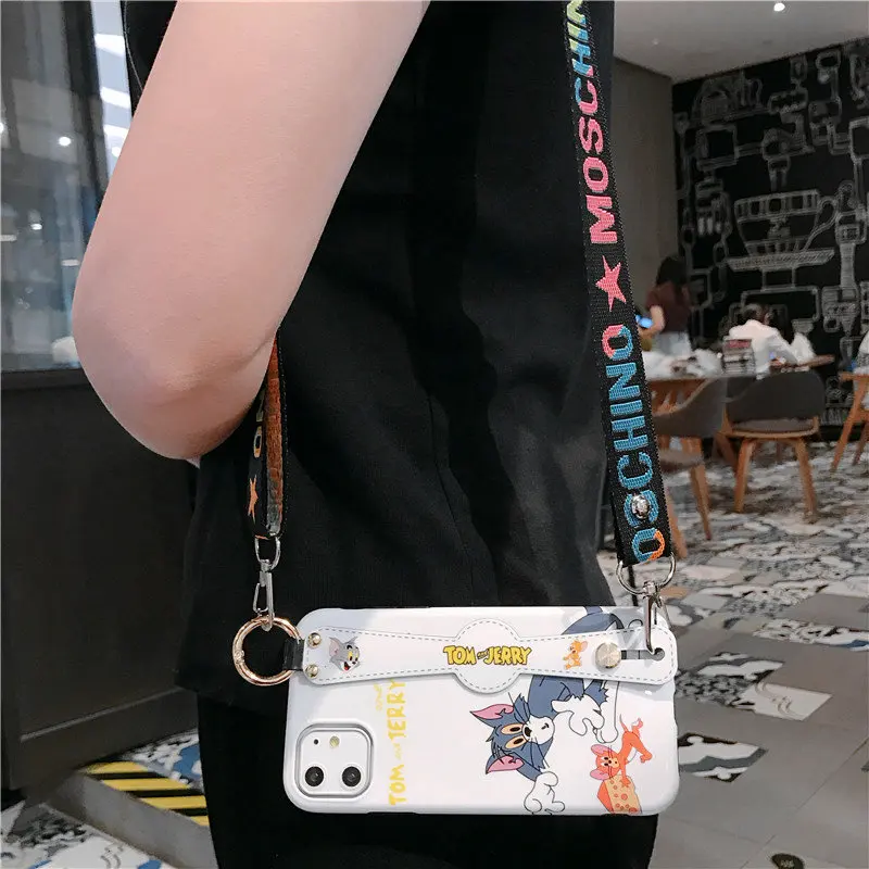 Мягкий чехол с мультяшным рисунком для iPhone 11 Pro Max XS, XR, X, 8, 7, 6, 6S Plus, ремешок на запястье, TPU чехол, держатель, кольцо, ремешок, кот, Том, Джерри, Япония, Корея - Color: case with lanyard