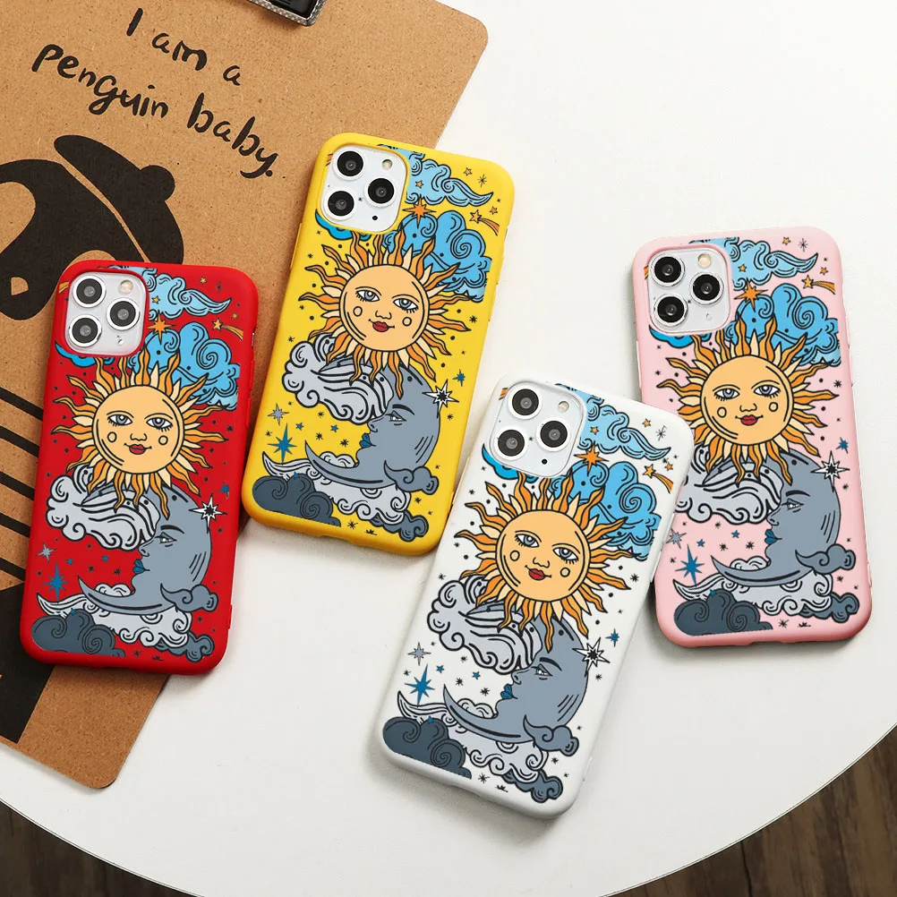 

Funny tarot Sun Moon Face Phone Case For iPhone 12 Mini 11 Pro Max 7 XS MAX X XR SE 2020 8 6 6s Plus Clear Cute Silicone Shell