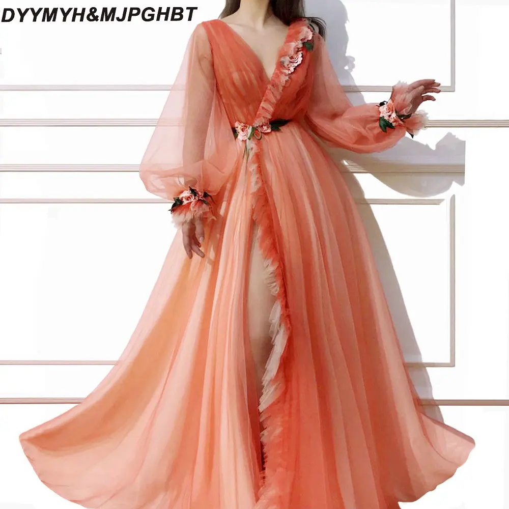 

Romanitc Fairy Illusion Long Sleeve Prom Dresses Long Side Split Formal Evening Party Gowns Women Gowns With Flowers
