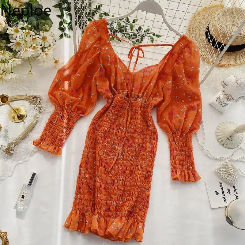 Женское платье в стиле ретро Neploe с высокой талией и принтом хип-хоп v-образным