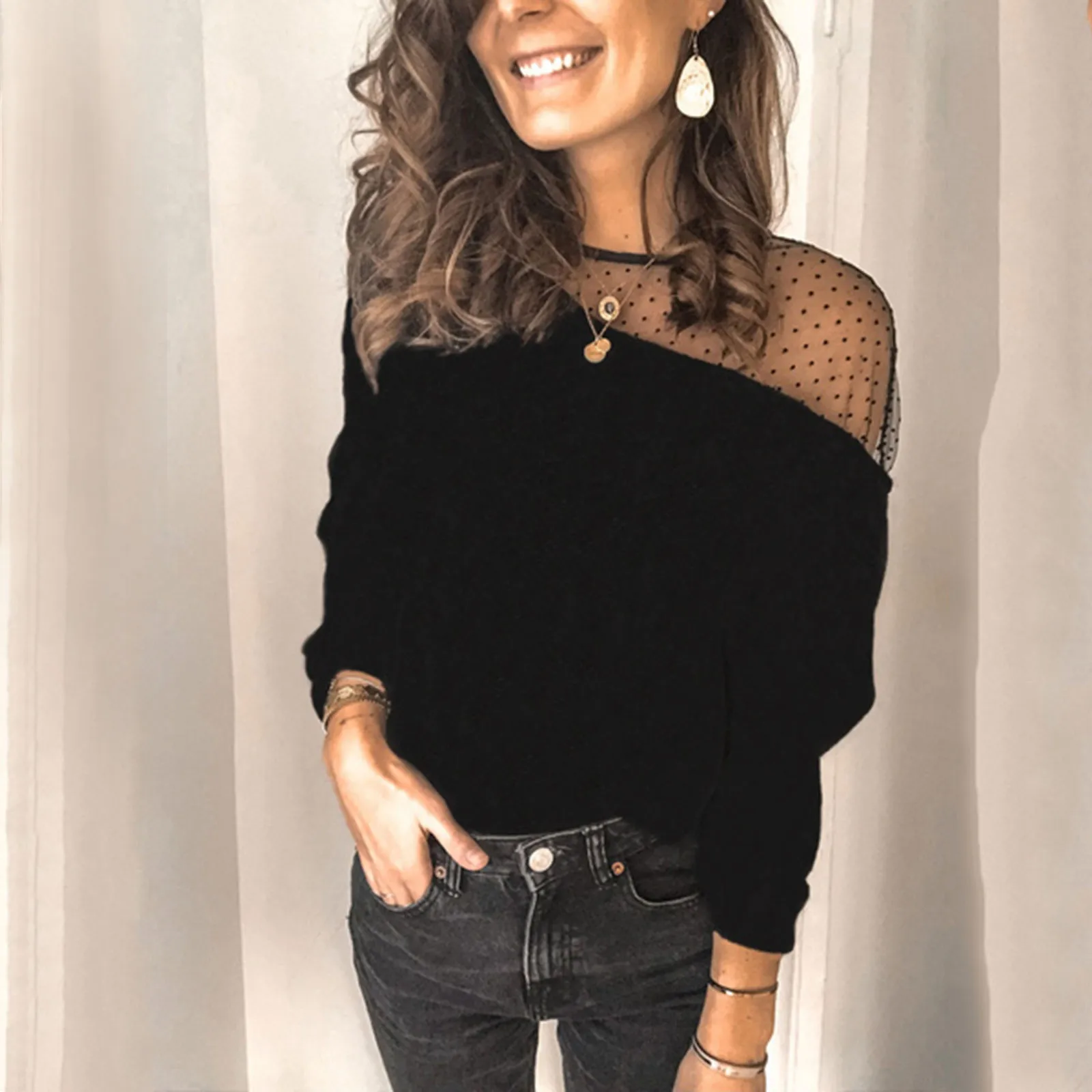 Женские блузки Прозрачные кружевные топы в горошек на одно плечо Лоскутные Топы