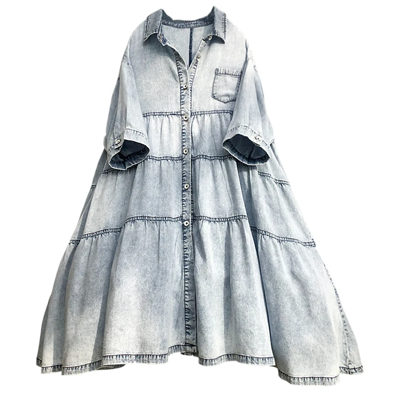 

SONDR 2020 Spring Autumn New Lapel Half Sleeve Patchwork Pullovers Pockets Single Breasted Lolita Style Denim Dress Women