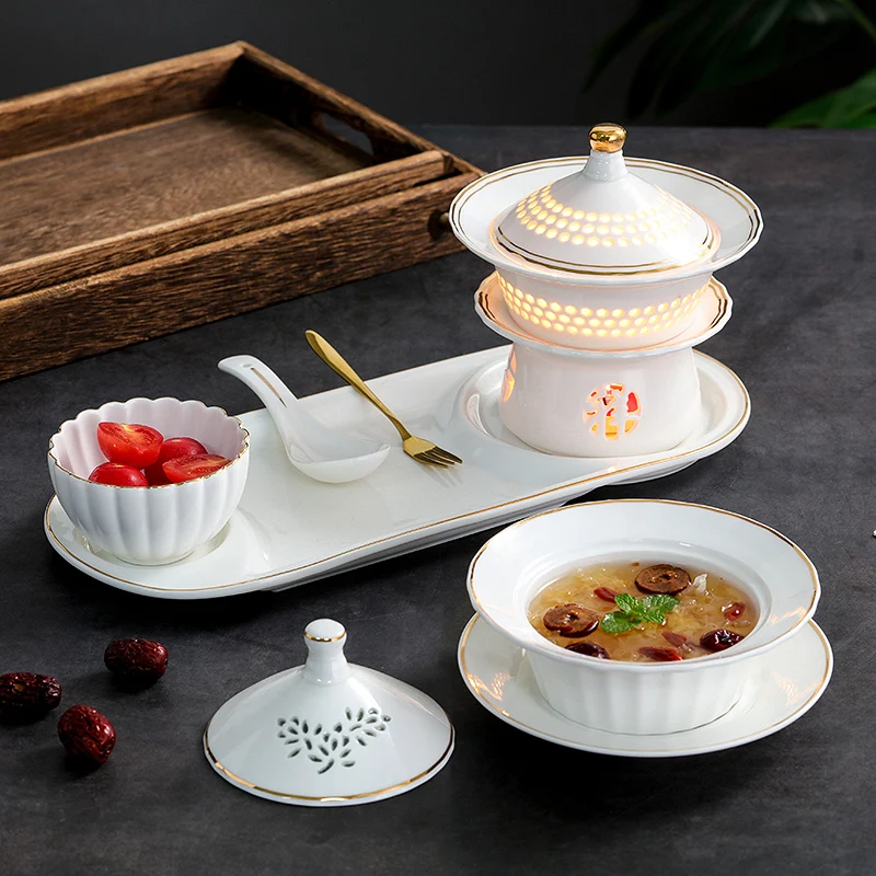 

TT Linglong Cubilose Bowl Candle Heating Phnom Penh Hotel Tableware Dessert Bowl Ceramic Soup Bowl with Lid