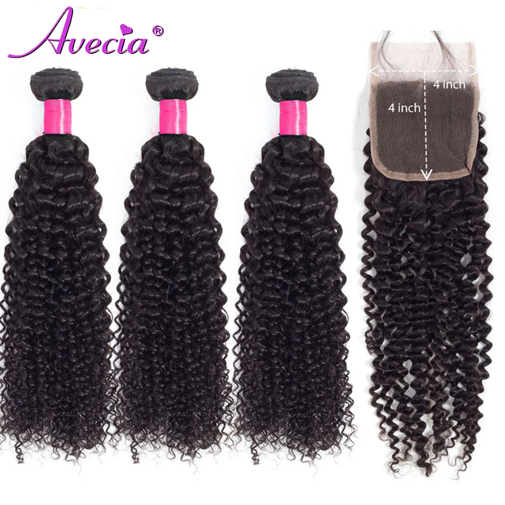 30 40 inch 3+1 Kinky Curly Bundles with Closure Virgin Brazilian Human Hair Extension Weave Deep | Шиньоны и парики
