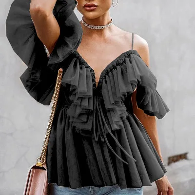 

Women Blouse Vintage Ruffle Summer Blouses Shirt Tops Off Shoulder Sexy Peplum Top Female Mesh Backless Blouse Blusas E931