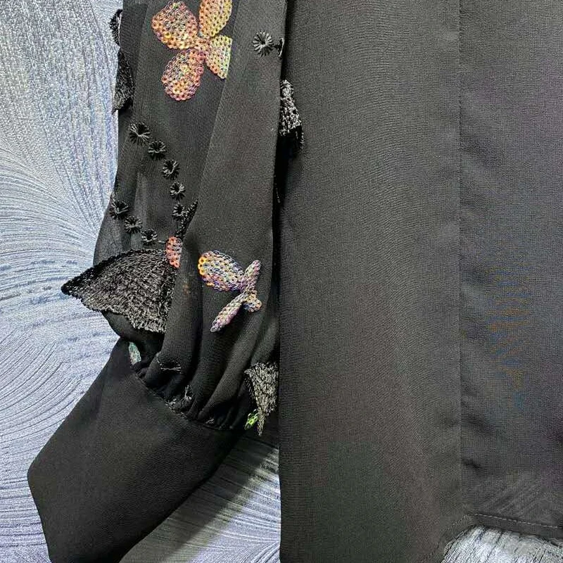 

SEQINYY Black Shirt High Quality Chain Butterfly Sequined Embroidery Hollow out Summer Spring New Fashion Design Women Runway