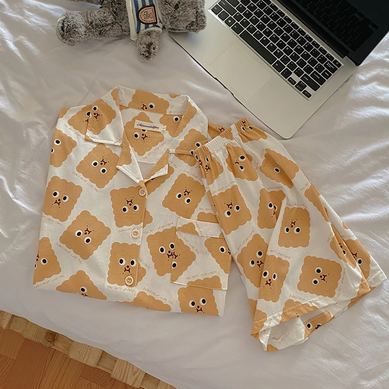 CAIYIER New Women Summer Pajamas Cute Girls Cartoon Bear Print Cotton Nightgown Suit South Korean Sweet Broken Flowers Sleepwear