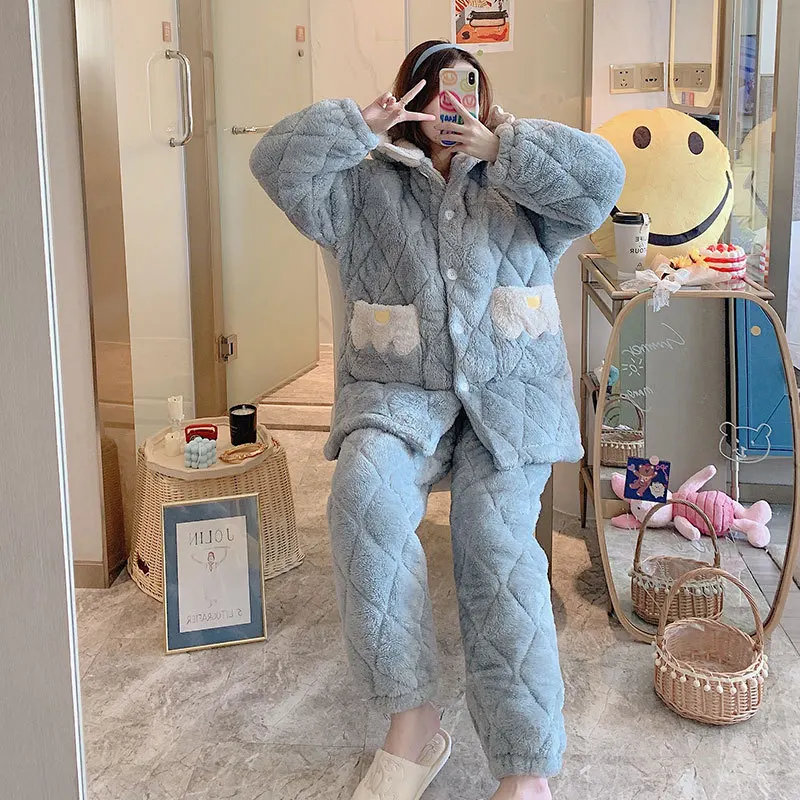 

Winter Thick Warm Flannel Pajamas Sets For Women Sleepwear Home Clothing Pyjama Home Wear